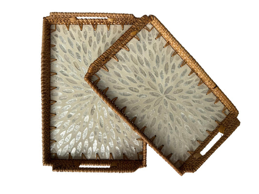 Rectangular Rattan Serving Tray with Handles, Mother of Pearl Inlay Wicker Tray for Coffee Table, Kitchen Organizer, Boho Home Decor Gift 141