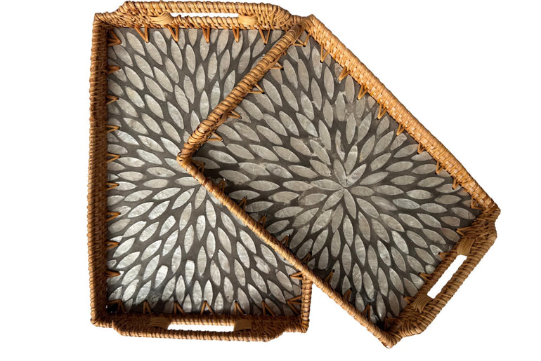 Rectangular Rattan Serving Tray with Handles, Mother of Pearl Inlay Wicker Tray for Coffee Table, Kitchen Organizer, Boho Home Decor Gift 151