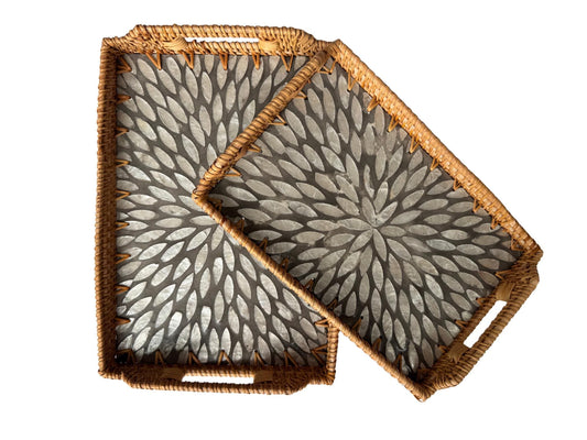 Rectangular Rattan Serving Tray with Handles, Mother of Pearl Inlay Wicker Tray for Coffee Table, Kitchen Organizer, Boho Home Decor Gift 151