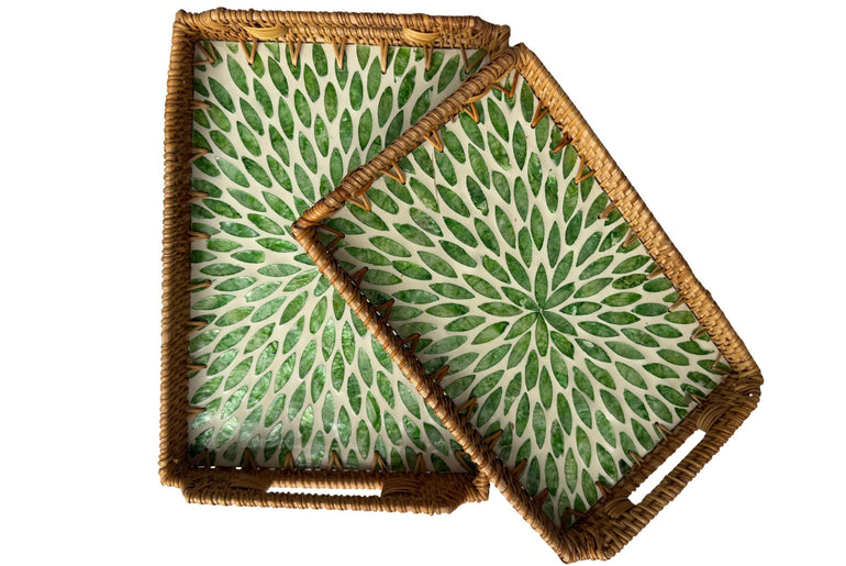 Rectangular Rattan Serving Tray with Handles, Mother of Pearl Inlay Wicker Tray for Coffee Table, Kitchen Organizer, Boho Home Decor Gift 98