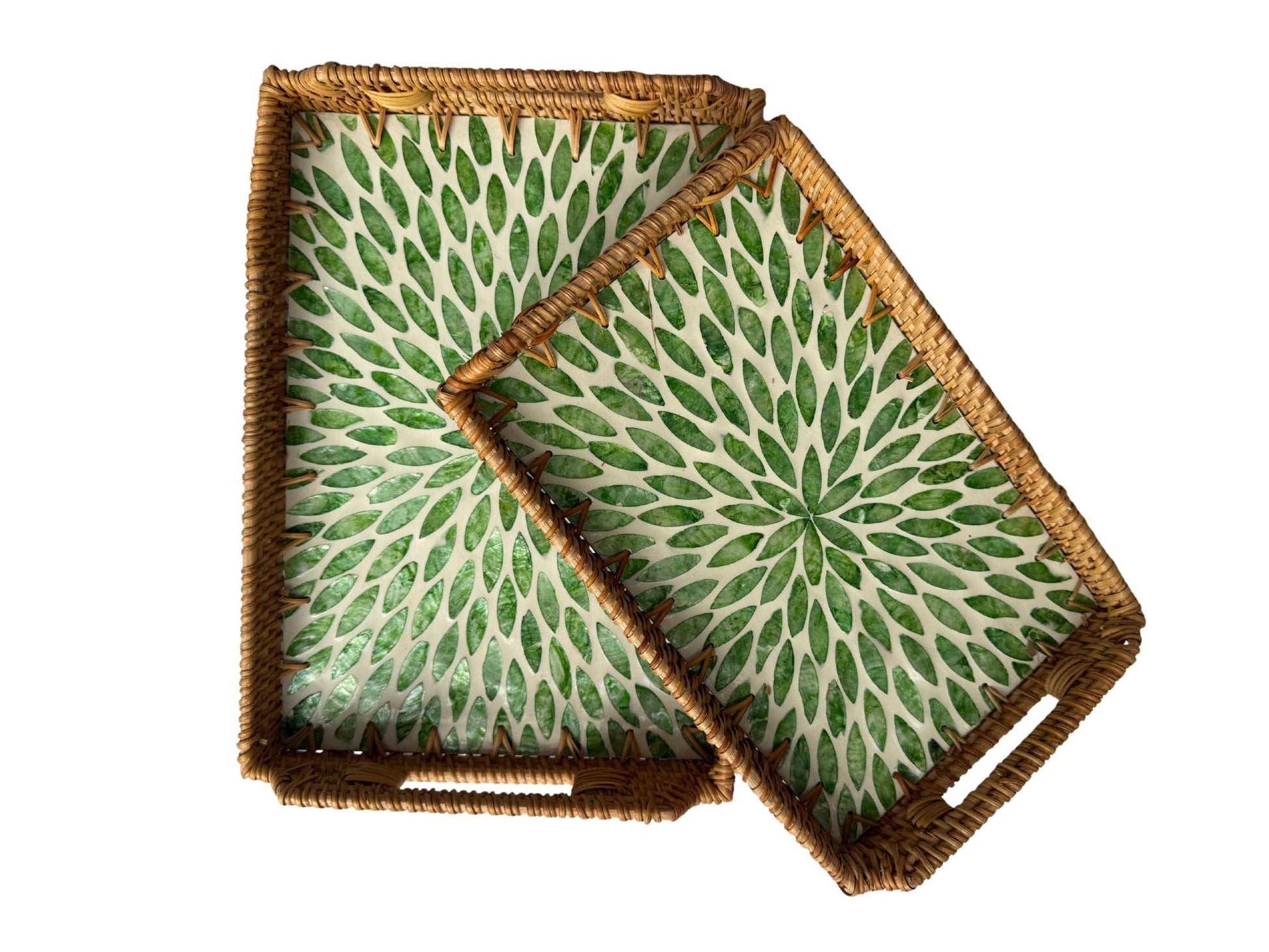Rectangular Rattan Serving Tray with Handles, Mother of Pearl Inlay Wicker Tray for Coffee Table, Kitchen Organizer, Boho Home Decor Gift 98