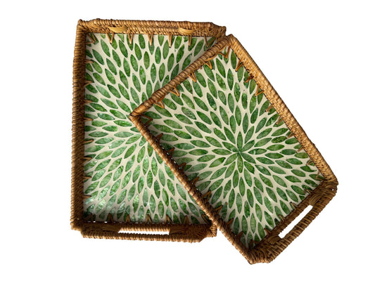 Rectangular Rattan Serving Tray with Handles, Mother of Pearl Inlay Wicker Tray for Coffee Table, Kitchen Organizer, Boho Home Decor Gift 98