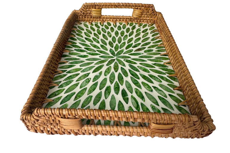 Rectangular Rattan Serving Tray with Handles, Mother of Pearl Inlay Wicker Tray for Coffee Table, Kitchen Organizer, Boho Home Decor Gift 98