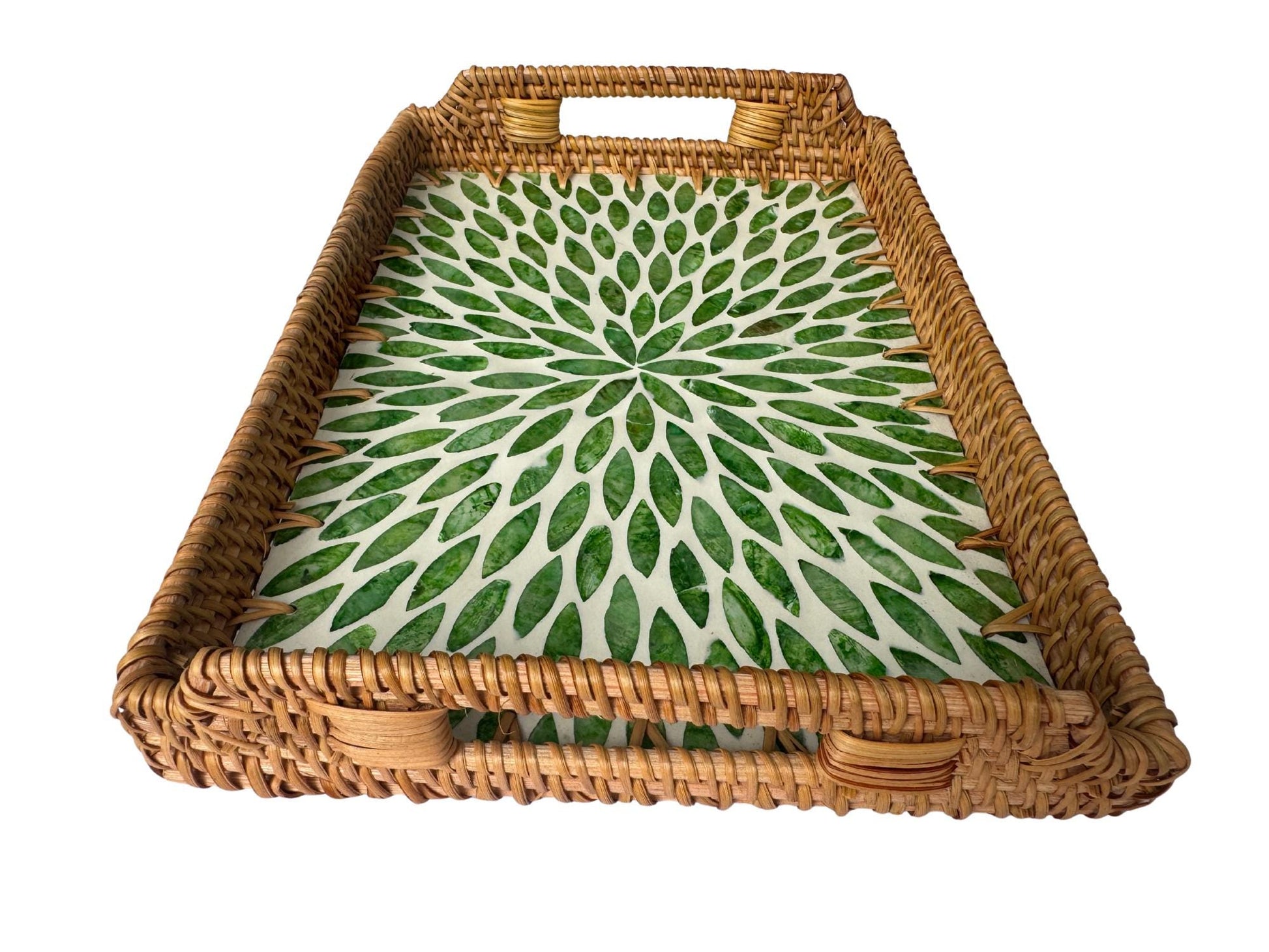 Rectangular Rattan Serving Tray with Handles, Mother of Pearl Inlay Wicker Tray for Coffee Table, Kitchen Organizer, Boho Home Decor Gift 98