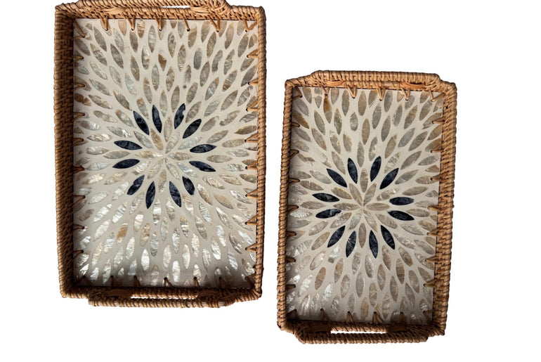 Rectangular Rattan Serving Tray with Handles, Mother of Pearl Inlay Wicker Tray for Coffee Table, Kitchen Organizer, Boho Home Decor Gift 88