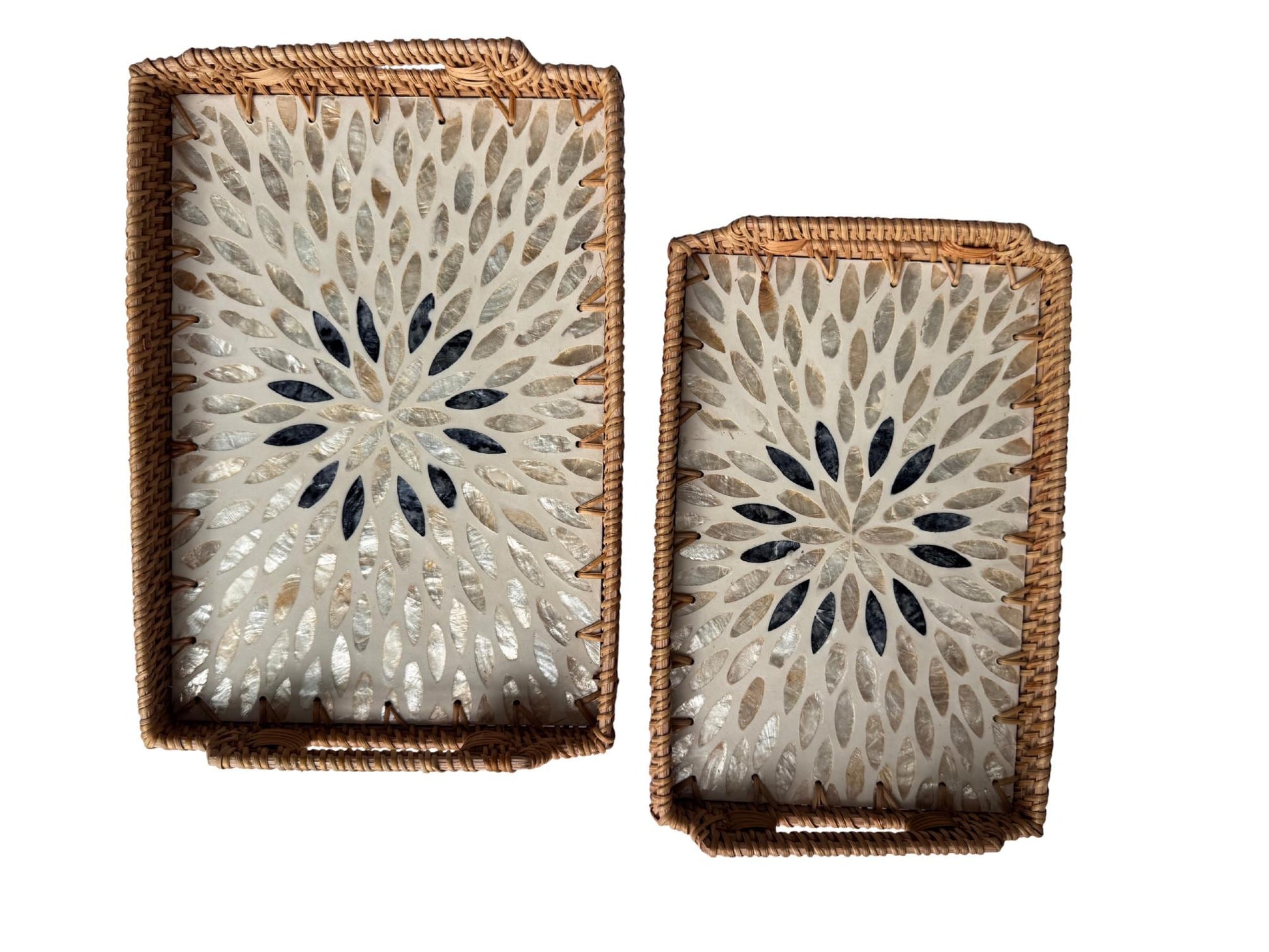Rectangular Rattan Serving Tray with Handles, Mother of Pearl Inlay Wicker Tray for Coffee Table, Kitchen Organizer, Boho Home Decor Gift 88