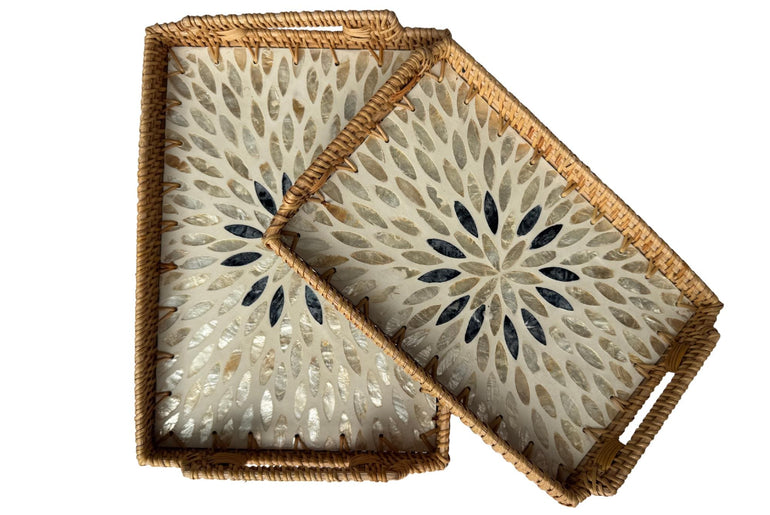 Rectangular Rattan Serving Tray with Handles, Mother of Pearl Inlay Wicker Tray for Coffee Table, Kitchen Organizer, Boho Home Decor Gift 88