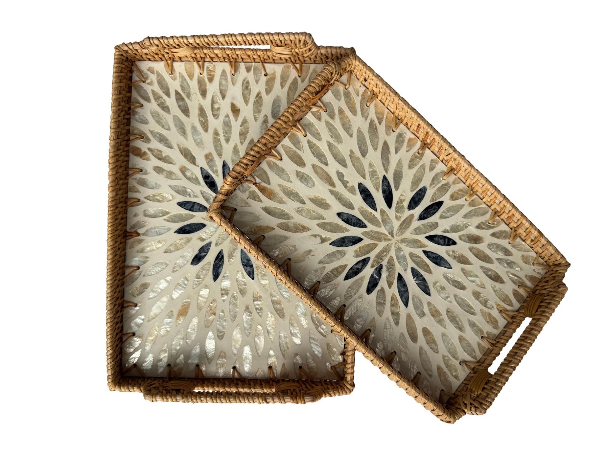 Rectangular Rattan Serving Tray with Handles, Mother of Pearl Inlay Wicker Tray for Coffee Table, Kitchen Organizer, Boho Home Decor Gift 88