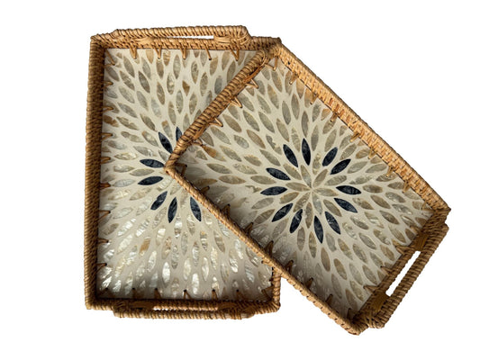 Rectangular Rattan Serving Tray with Handles, Mother of Pearl Inlay Wicker Tray for Coffee Table, Kitchen Organizer, Boho Home Decor Gift 88