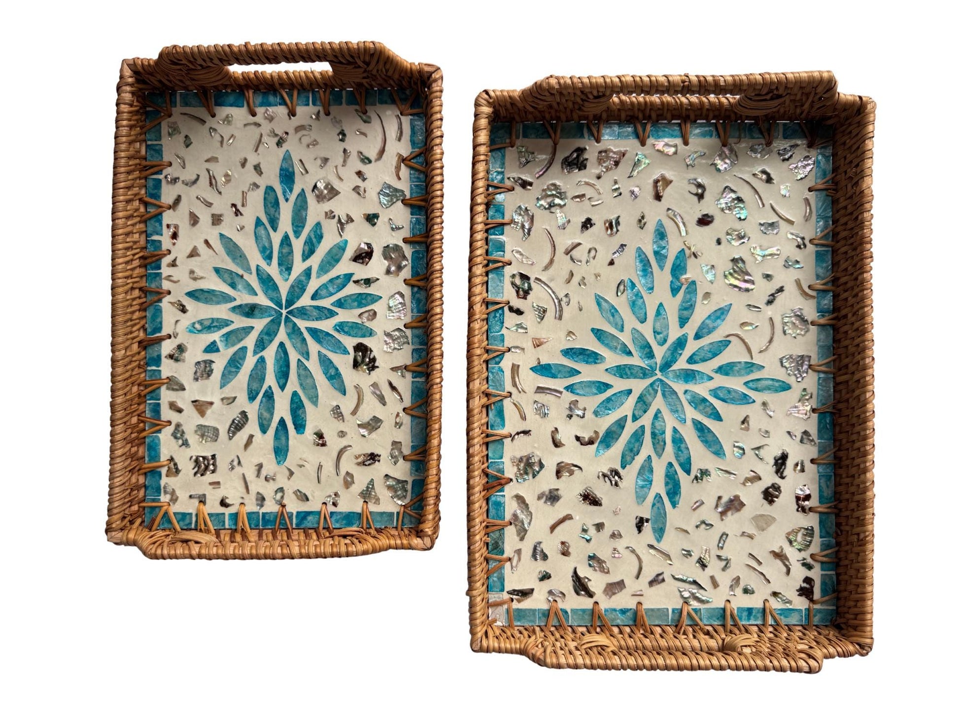 Rectangular Rattan Serving Tray with Handles, Mother of Pearl Inlay Wicker Tray for Coffee Table, Kitchen Organizer, Boho Home Decor Gift 99
