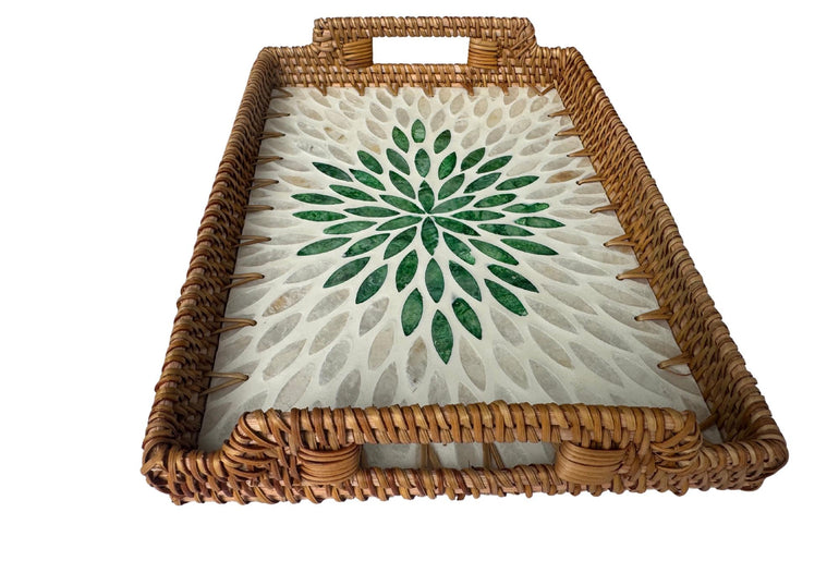 Rectangular Rattan Serving Tray with Handles, Mother of Pearl Inlay Wicker Tray for Coffee Table, Kitchen Organizer, Boho Home Decor Gift 86