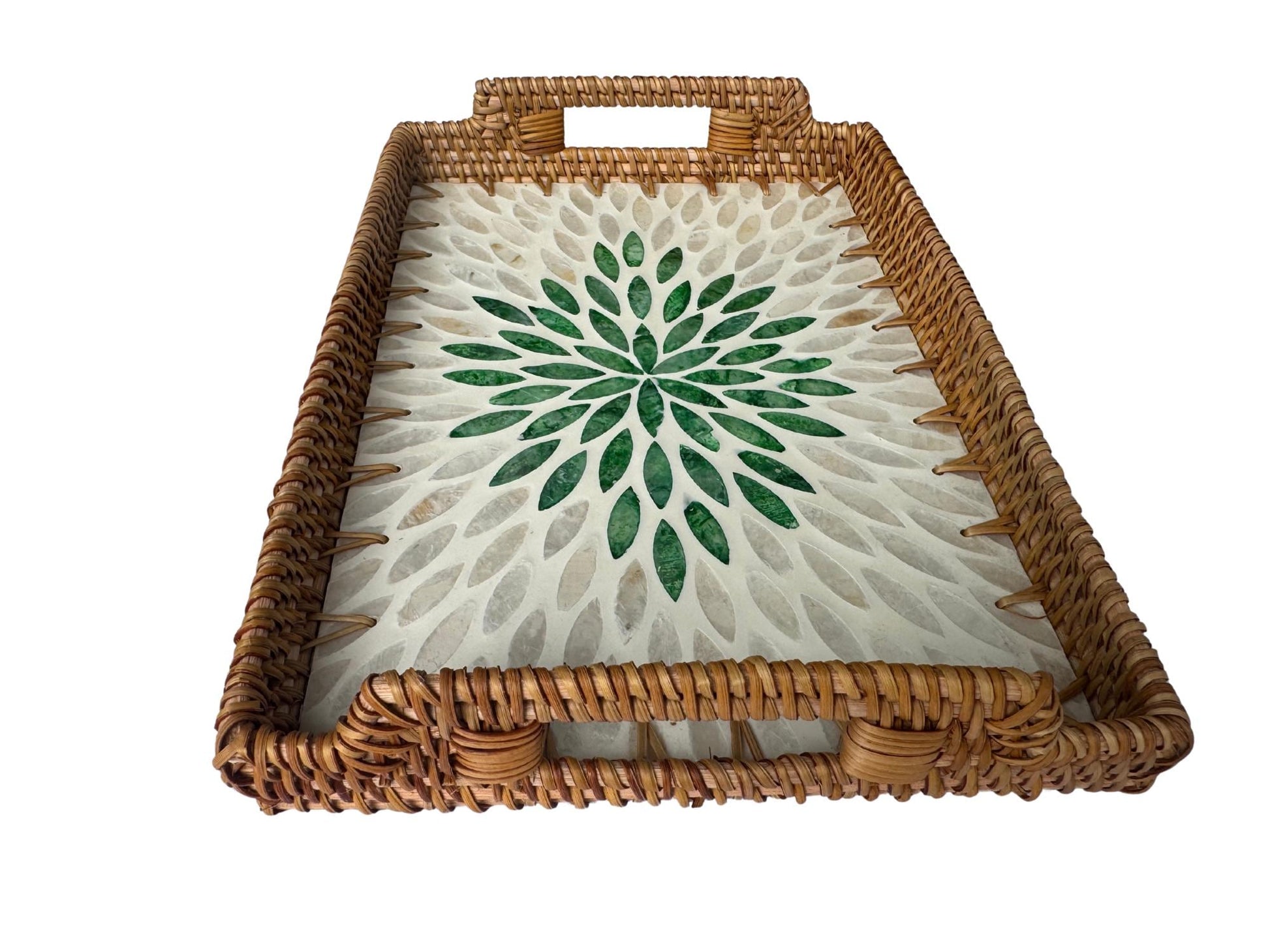 Rectangular Rattan Serving Tray with Handles, Mother of Pearl Inlay Wicker Tray for Coffee Table, Kitchen Organizer, Boho Home Decor Gift 86