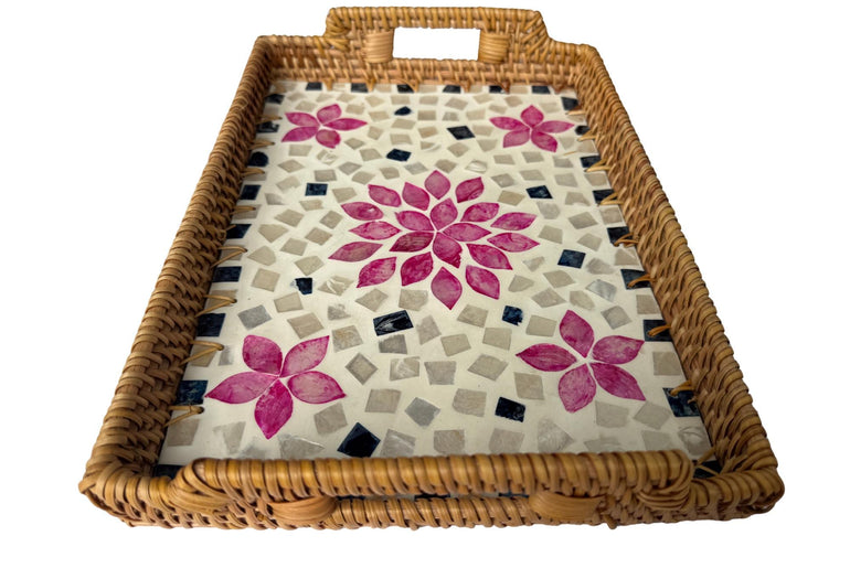 Rectangular Rattan Serving Tray with Handles, Mother of Pearl Inlay Wicker Tray for Coffee Table, Kitchen Organizer, Boho Home Decor Gift 87