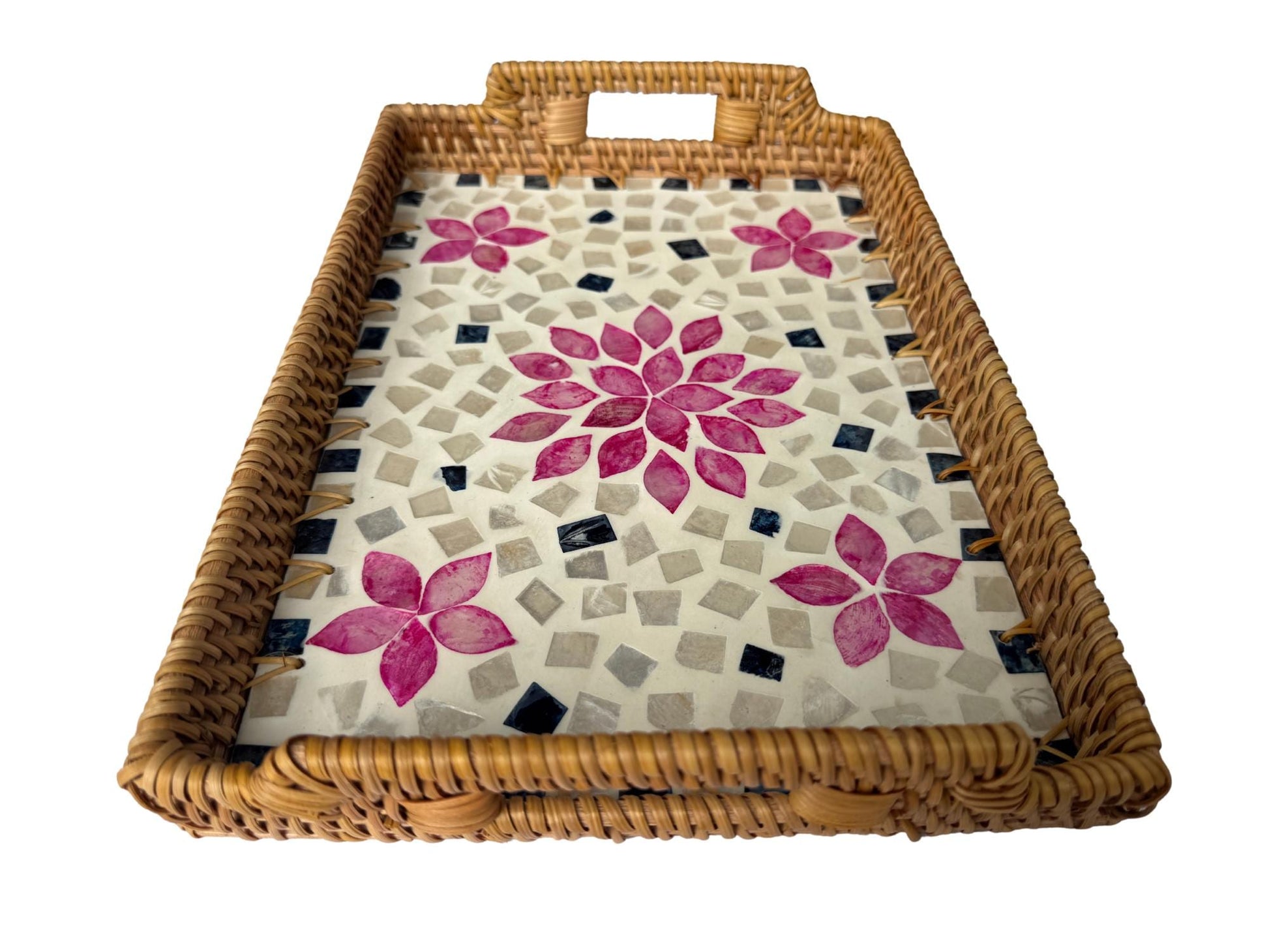 Rectangular Rattan Serving Tray with Handles, Mother of Pearl Inlay Wicker Tray for Coffee Table, Kitchen Organizer, Boho Home Decor Gift 87
