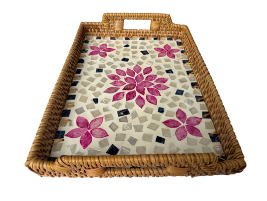 Rectangular Rattan Serving Tray with Handles, Mother of Pearl Inlay Wicker Tray for Coffee Table, Kitchen Organizer, Boho Home Decor Gift 87