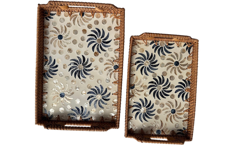 Rectangular Rattan Serving Tray with Handles, Mother of Pearl Inlay Wicker Tray for Coffee Table, Kitchen Organizer, Boho Home Decor Gift 85