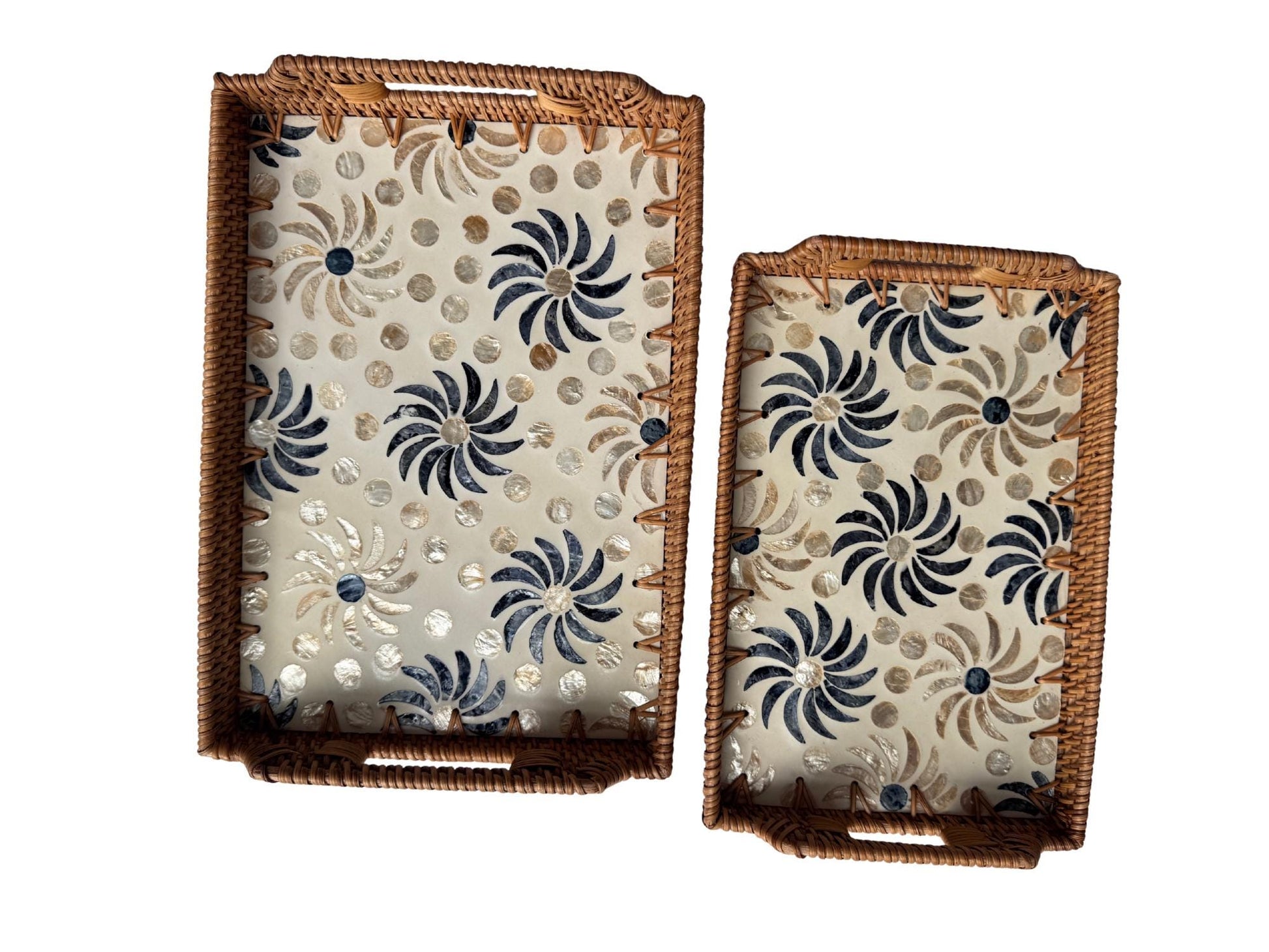 Rectangular Rattan Serving Tray with Handles, Mother of Pearl Inlay Wicker Tray for Coffee Table, Kitchen Organizer, Boho Home Decor Gift 85