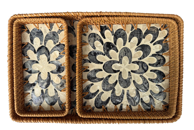 Rattan Tray with Mother of Pearl Inlay Base, Handmade Woven Serving Tray, Boho Coastal Coffee Table Decor, Made in Vietnam 83