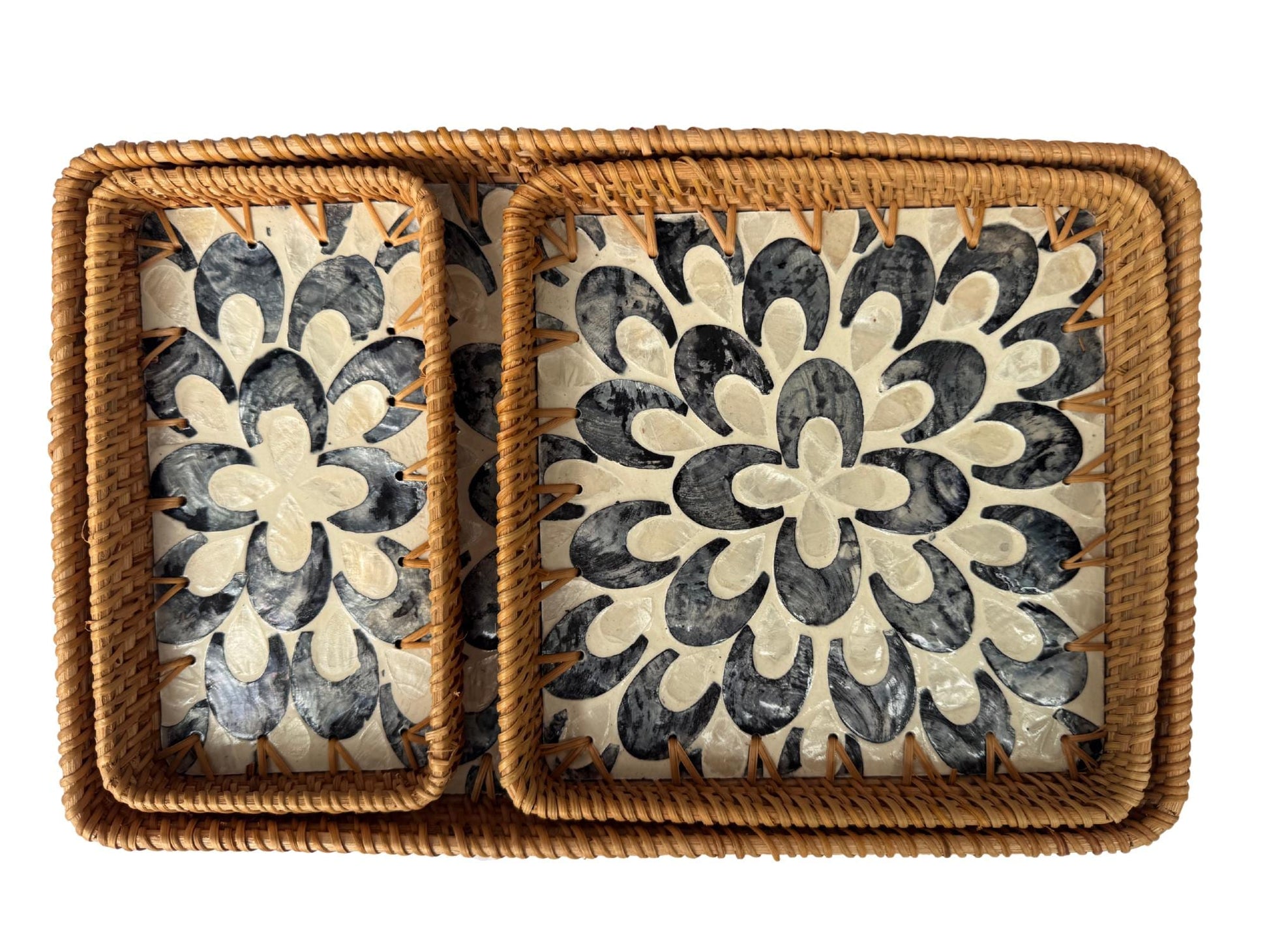 Rattan Tray with Mother of Pearl Inlay Base, Handmade Woven Serving Tray, Boho Coastal Coffee Table Decor, Made in Vietnam 83