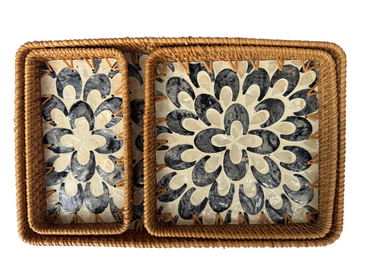 Rattan Tray with Mother of Pearl Inlay Base, Handmade Woven Serving Tray, Boho Coastal Coffee Table Decor, Made in Vietnam 83