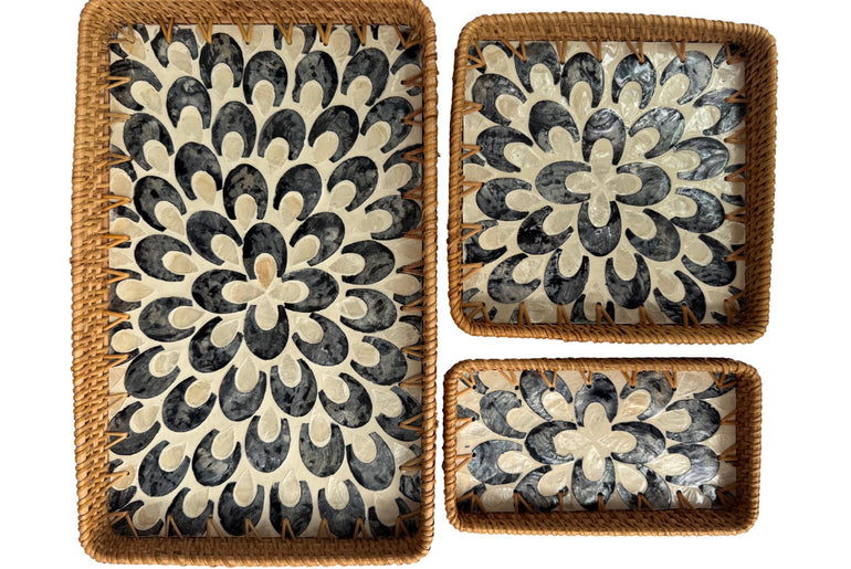 Rattan Tray with Mother of Pearl Inlay Base, Handmade Woven Serving Tray, Boho Coastal Coffee Table Decor, Made in Vietnam 83
