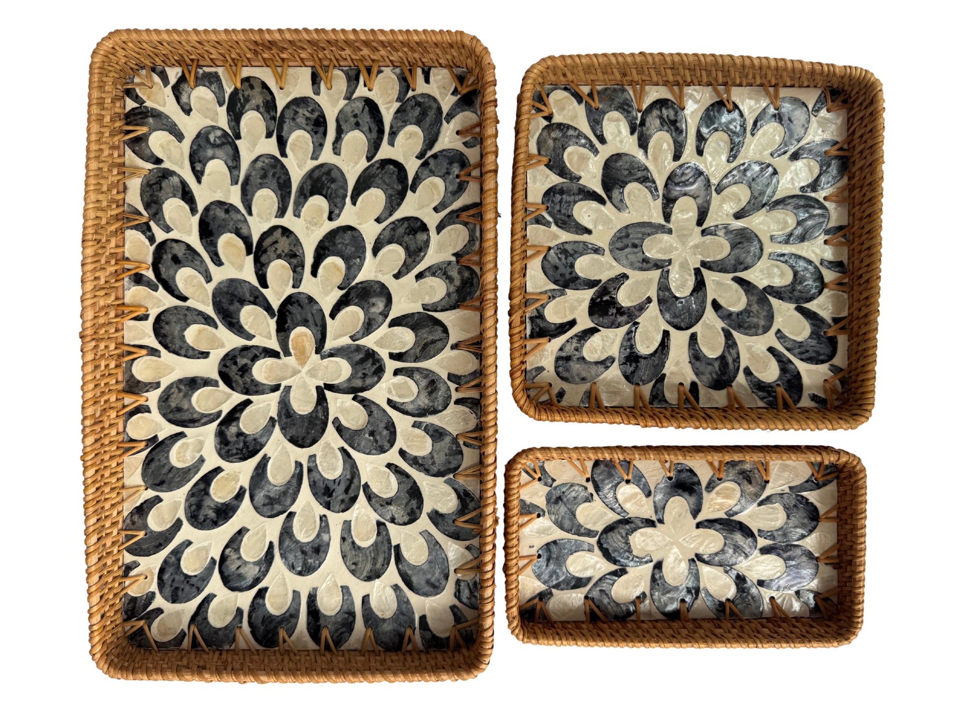 Rattan Tray with Mother of Pearl Inlay Base, Handmade Woven Serving Tray, Boho Coastal Coffee Table Decor, Made in Vietnam 83