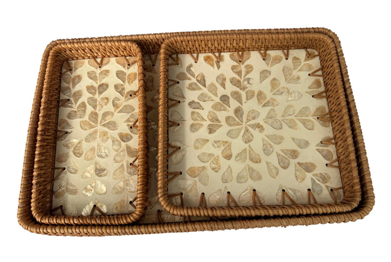 Rattan Tray with Mother of Pearl Inlay Base, Handmade Woven Serving Tray, Boho Coastal Coffee Table Decor, Made in Vietnam 97