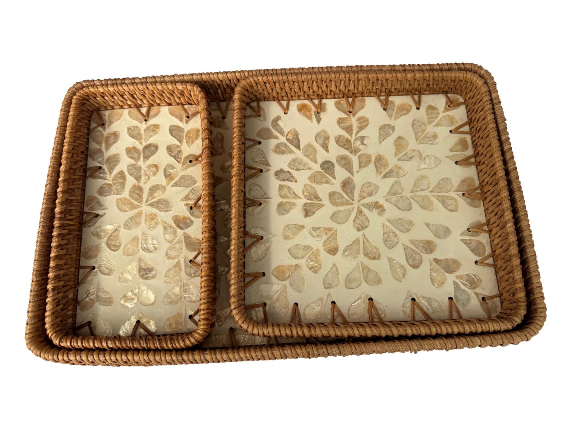Rattan Tray with Mother of Pearl Inlay Base, Handmade Woven Serving Tray, Boho Coastal Coffee Table Decor, Made in Vietnam 97