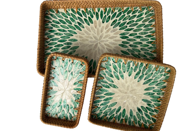 Rattan Tray with Mother of Pearl Inlay Base, Handmade Woven Serving Tray, Boho Coastal Coffee Table Decor, Made in Vietnam 82
