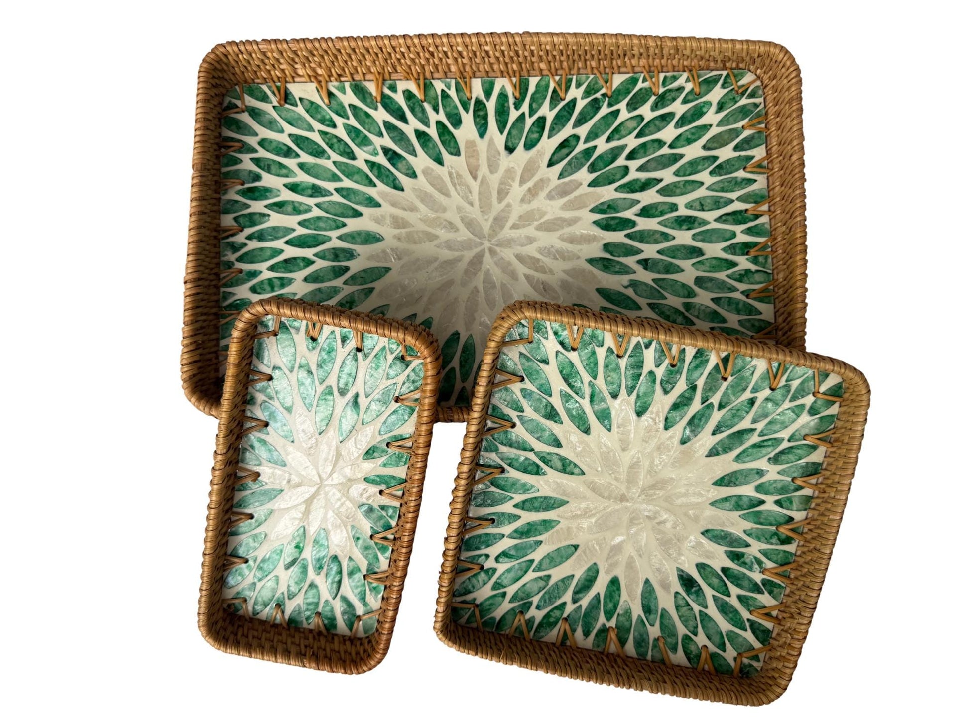 Rattan Tray with Mother of Pearl Inlay Base, Handmade Woven Serving Tray, Boho Coastal Coffee Table Decor, Made in Vietnam 82