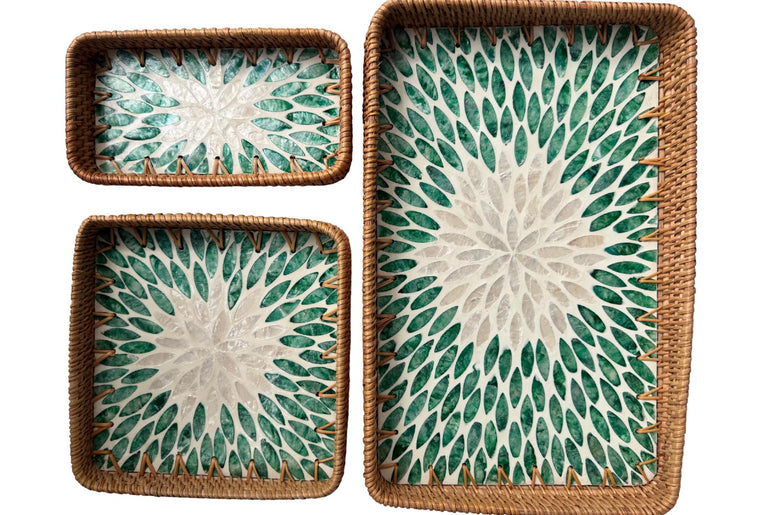 Rattan Tray with Mother of Pearl Inlay Base, Handmade Woven Serving Tray, Boho Coastal Coffee Table Decor, Made in Vietnam 82