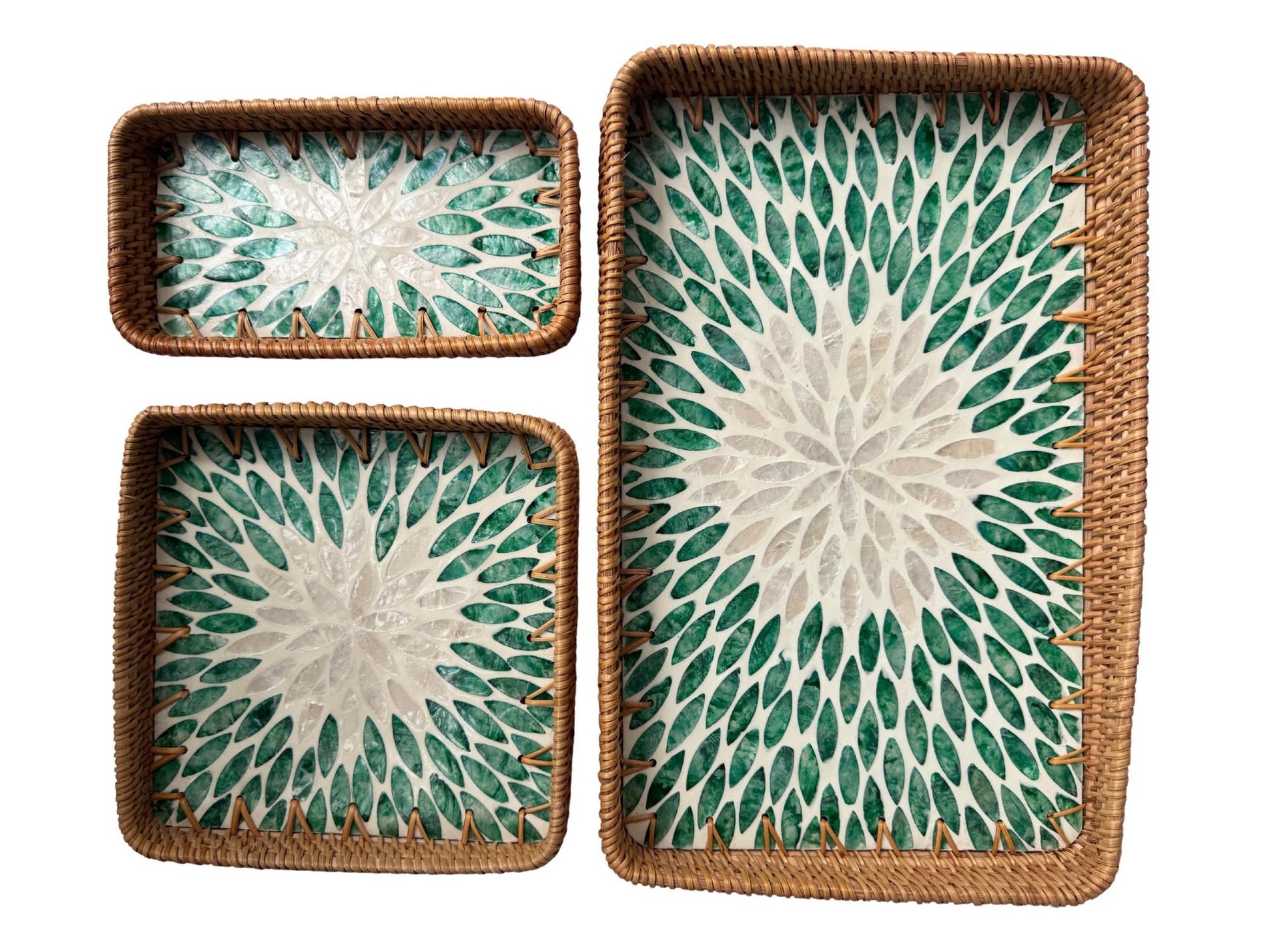 Rattan Tray with Mother of Pearl Inlay Base, Handmade Woven Serving Tray, Boho Coastal Coffee Table Decor, Made in Vietnam 82