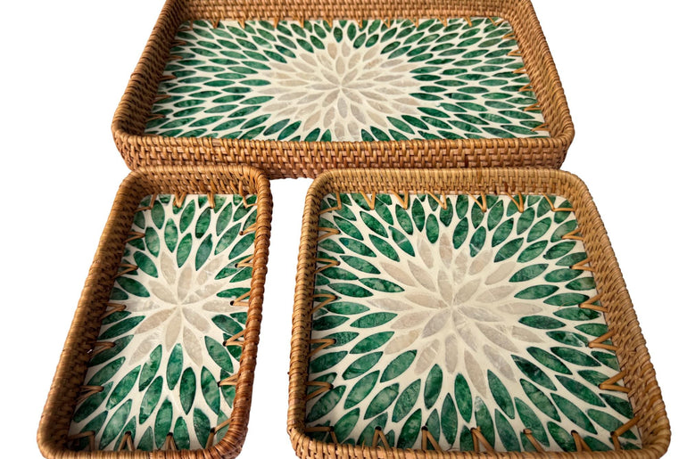 Rattan Tray with Mother of Pearl Inlay Base, Handmade Woven Serving Tray, Boho Coastal Coffee Table Decor, Made in Vietnam 82