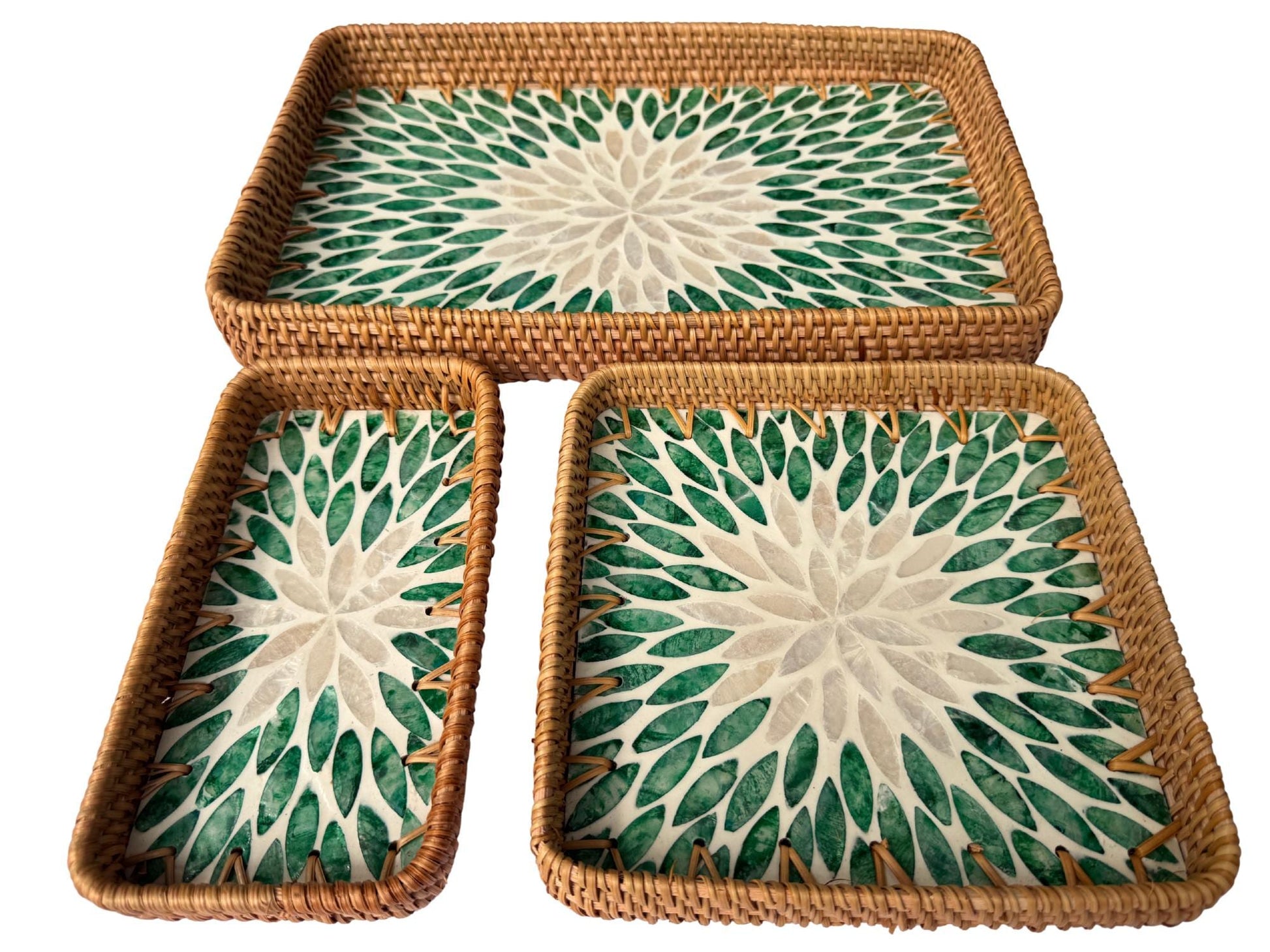 Rattan Tray with Mother of Pearl Inlay Base, Handmade Woven Serving Tray, Boho Coastal Coffee Table Decor, Made in Vietnam 82