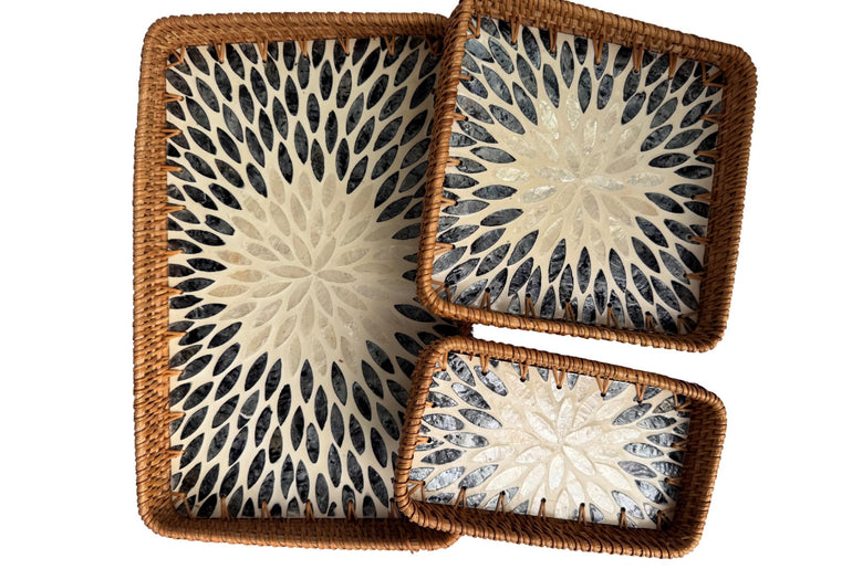 Rattan Tray with Mother of Pearl Inlay Base, Handmade Woven Serving Tray, Boho Coastal Coffee Table Decor, Made in Vietnam 81