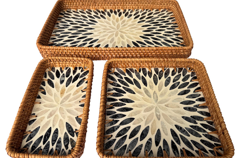 Rattan Tray with Mother of Pearl Inlay Base, Handmade Woven Serving Tray, Boho Coastal Coffee Table Decor, Made in Vietnam 81