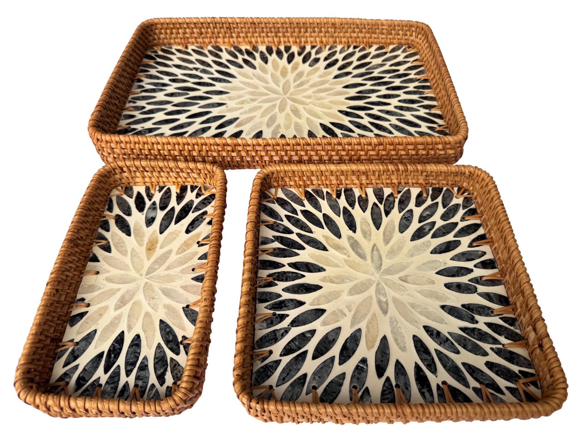 Rattan Tray with Mother of Pearl Inlay Base, Handmade Woven Serving Tray, Boho Coastal Coffee Table Decor, Made in Vietnam 81