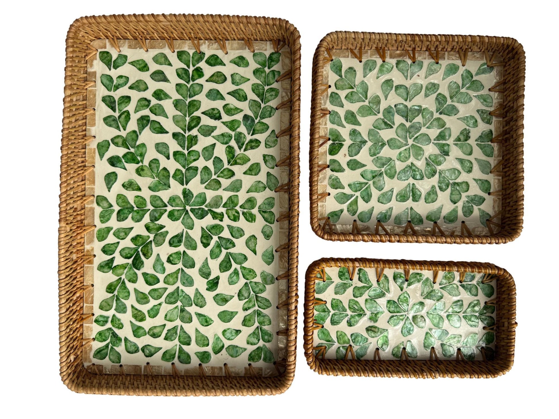 Rattan Tray with Mother of Pearl Inlay Base, Handmade Woven Serving Tray, Boho Coastal Coffee Table Decor, Made in Vietnam 96