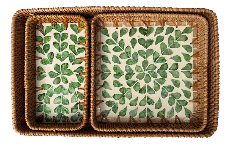 Rattan Tray with Mother of Pearl Inlay Base, Handmade Woven Serving Tray, Boho Coastal Coffee Table Decor, Made in Vietnam 96