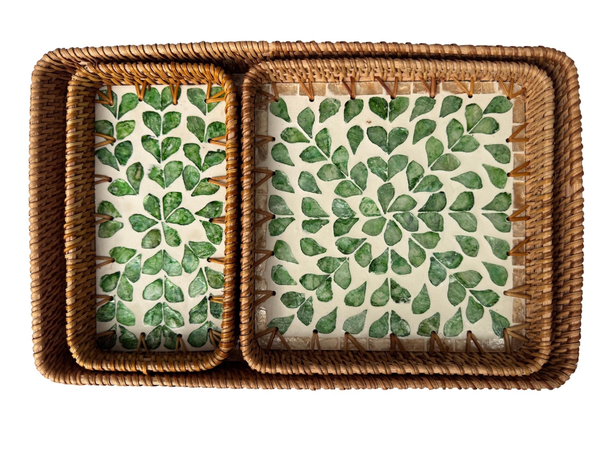Rattan Tray with Mother of Pearl Inlay Base, Handmade Woven Serving Tray, Boho Coastal Coffee Table Decor, Made in Vietnam 96