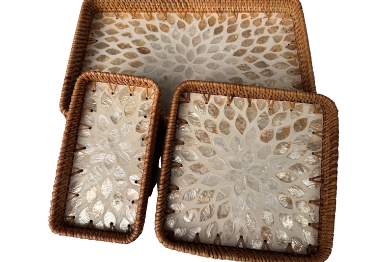 Rattan Tray with Mother of Pearl Inlay Base, Handmade Woven Serving Tray, Boho Coastal Coffee Table Decor, Made in Vietnam 148