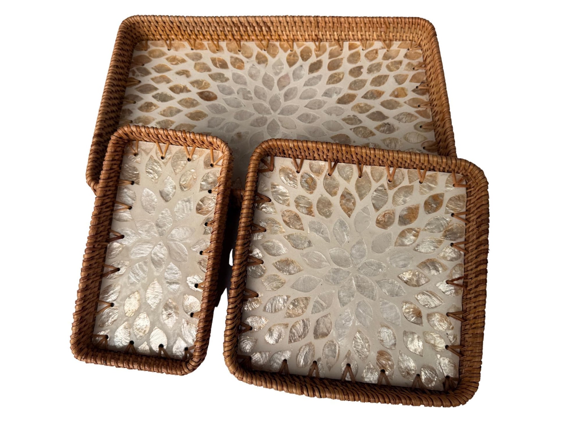 Rattan Tray with Mother of Pearl Inlay Base, Handmade Woven Serving Tray, Boho Coastal Coffee Table Decor, Made in Vietnam 148