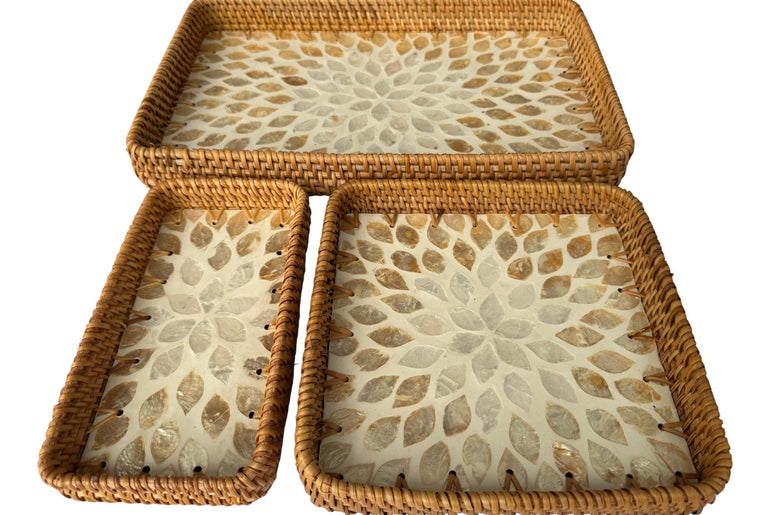 Rattan Tray with Mother of Pearl Inlay Base, Handmade Woven Serving Tray, Boho Coastal Coffee Table Decor, Made in Vietnam 148