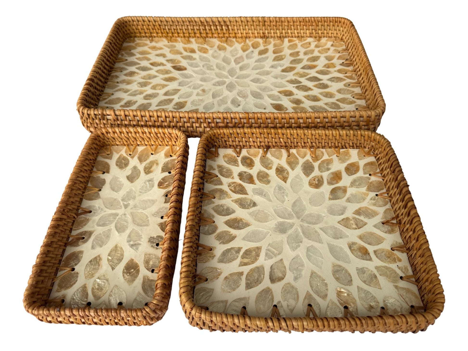Rattan Tray with Mother of Pearl Inlay Base, Handmade Woven Serving Tray, Boho Coastal Coffee Table Decor, Made in Vietnam 148