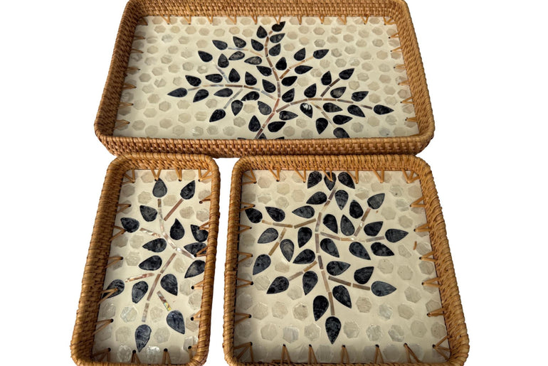 Rattan Tray with Mother of Pearl Inlay Base, Handmade Woven Serving Tray, Boho Coastal Coffee Table Decor, Made in Vietnam 80