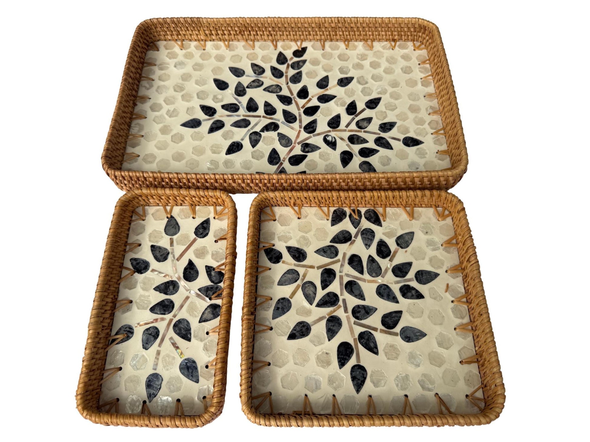 Rattan Tray with Mother of Pearl Inlay Base, Handmade Woven Serving Tray, Boho Coastal Coffee Table Decor, Made in Vietnam 80