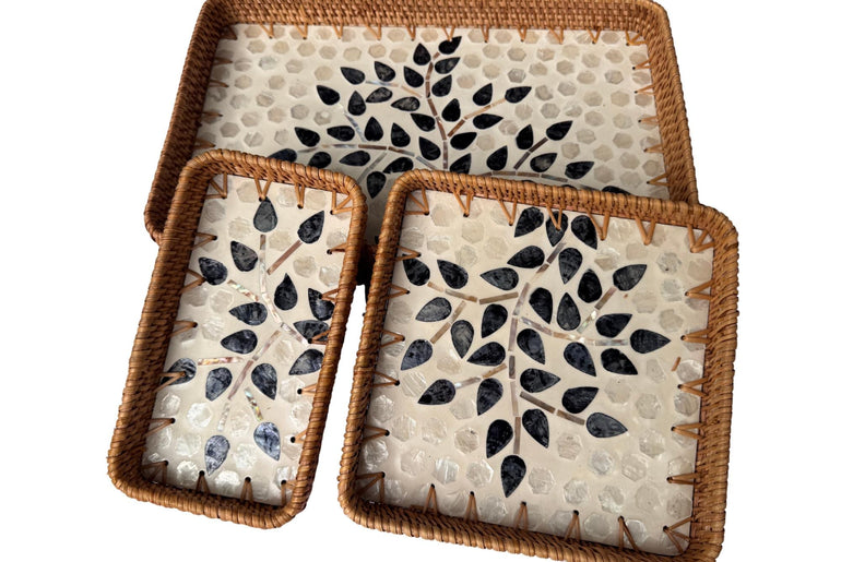 Rattan Tray with Mother of Pearl Inlay Base, Handmade Woven Serving Tray, Boho Coastal Coffee Table Decor, Made in Vietnam 80