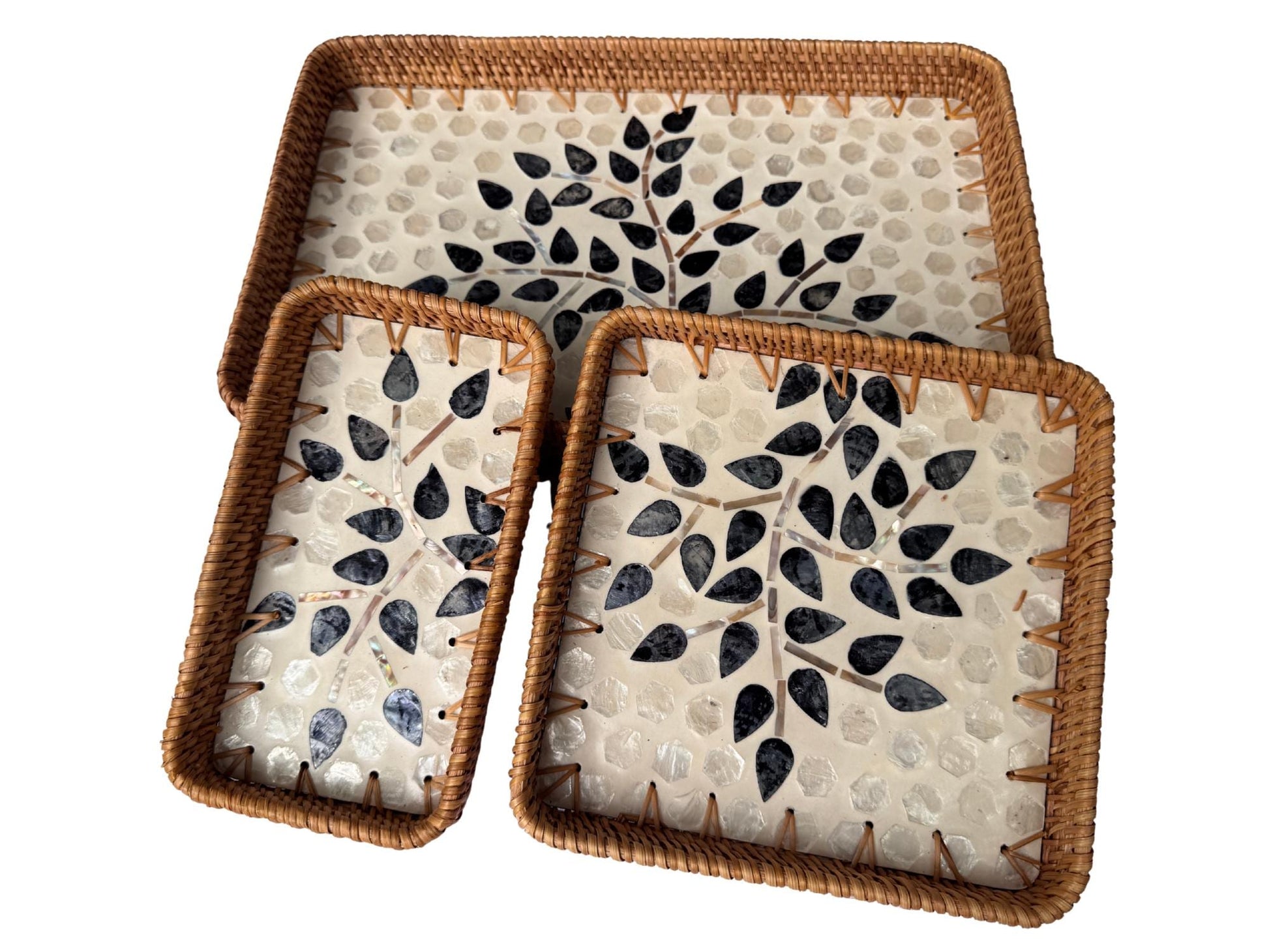 Rattan Tray with Mother of Pearl Inlay Base, Handmade Woven Serving Tray, Boho Coastal Coffee Table Decor, Made in Vietnam 80