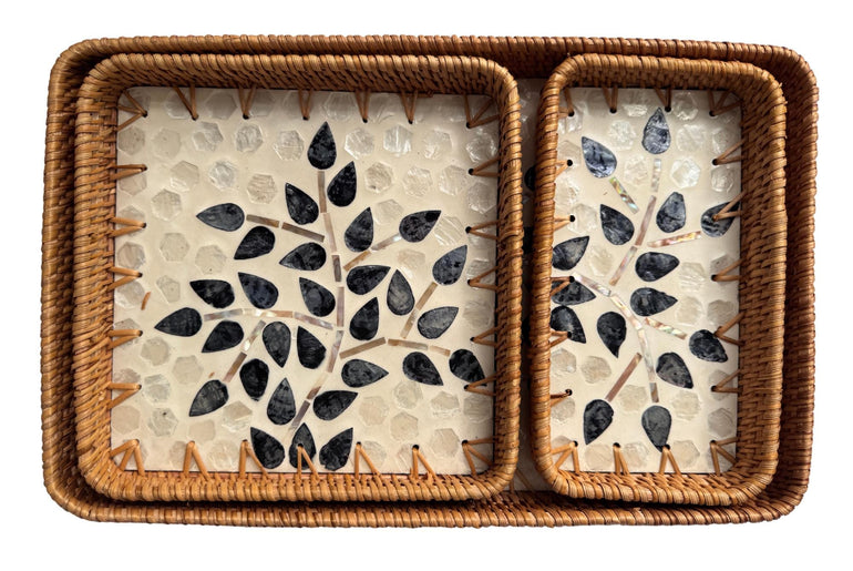 Rattan Tray with Mother of Pearl Inlay Base, Handmade Woven Serving Tray, Boho Coastal Coffee Table Decor, Made in Vietnam 80