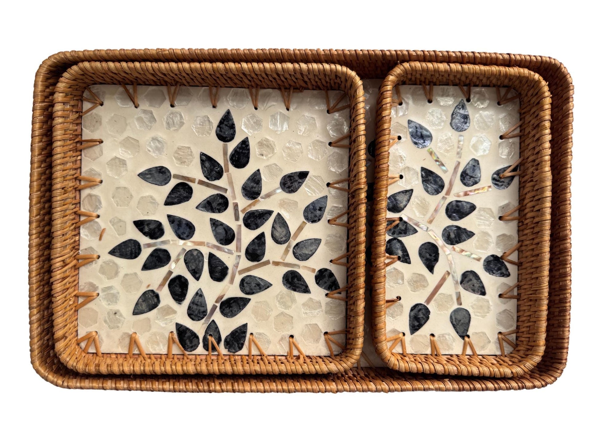 Rattan Tray with Mother of Pearl Inlay Base, Handmade Woven Serving Tray, Boho Coastal Coffee Table Decor, Made in Vietnam 80